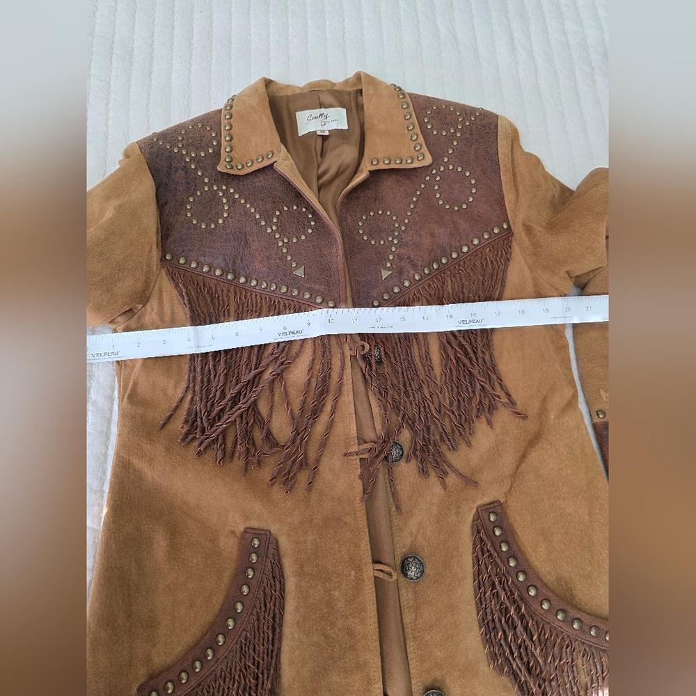 Womans Scully Leather Western Jack Two-Tone Brown Suede Fringe Stud Jacket - Picture 9 of 9